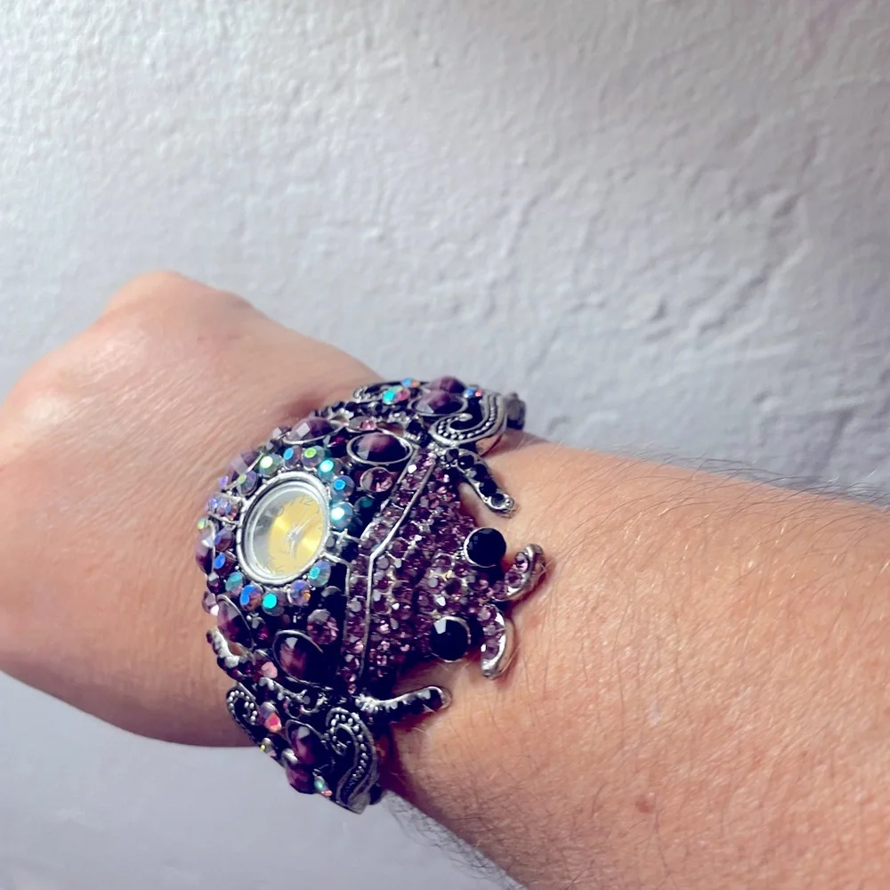Bling rhinestone vintage watch lady bug in purple fit m to large